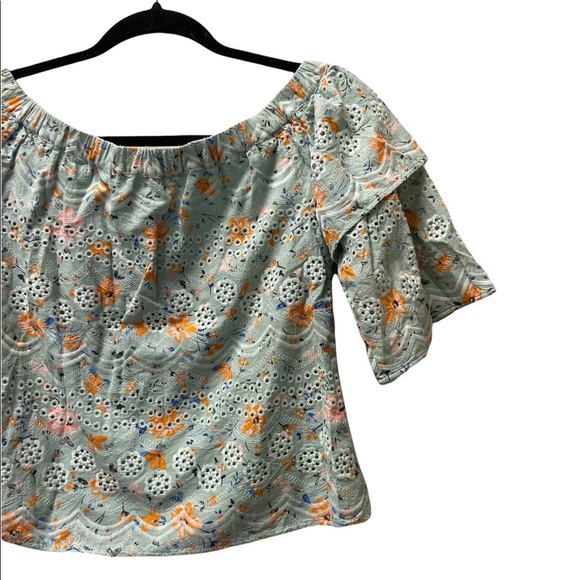 Anthropologie Laia Ashtabula Green Floral Print Cropped Ruffled Sleeve t… - Picture 9 of 9